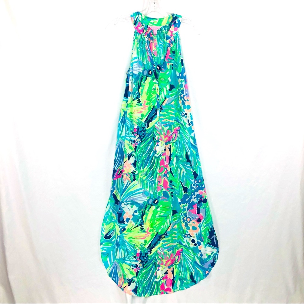 Lilly Pulitzer Tropical Leaf Print Midi Dress in Aqua, Lime & Pink - Picture 4 of 10